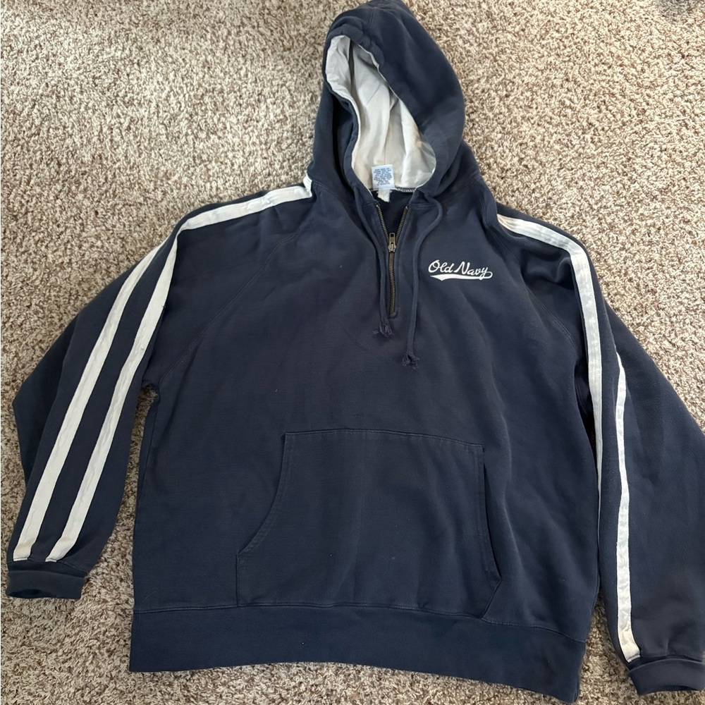 Vintage Old Navy Blue Zip Up Sweater with Striped Sleeves